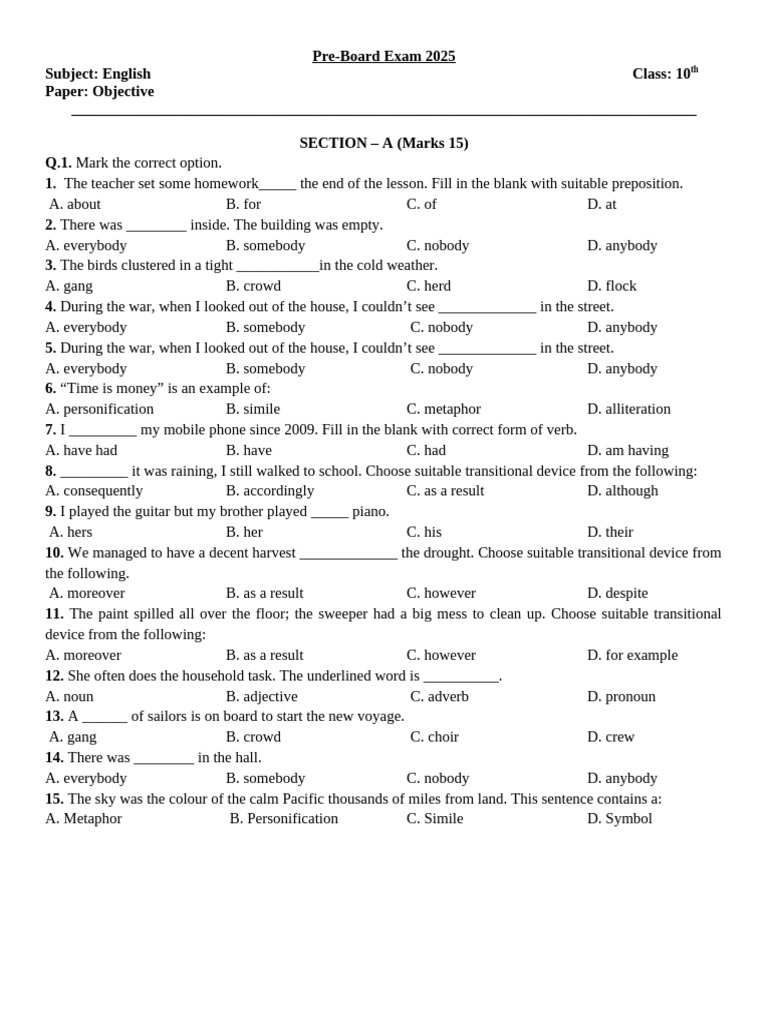 Class 10 English Pre-Board Exam 2025 | PDF | Linguistic Morphology ...