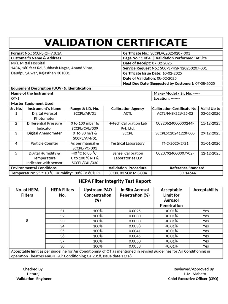 HEPA Filter Validation Certificate | PDF | Calibration