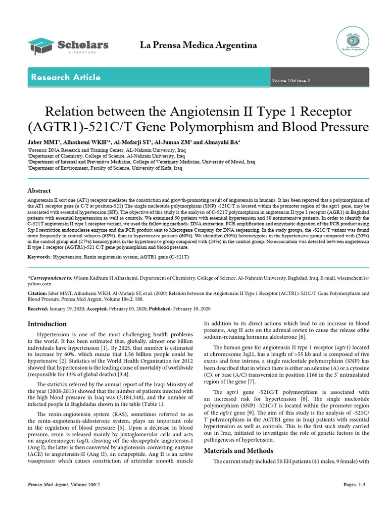 Relation Between The Angiotensin II Type 1 Receptor | PDF | Angiotensin ...