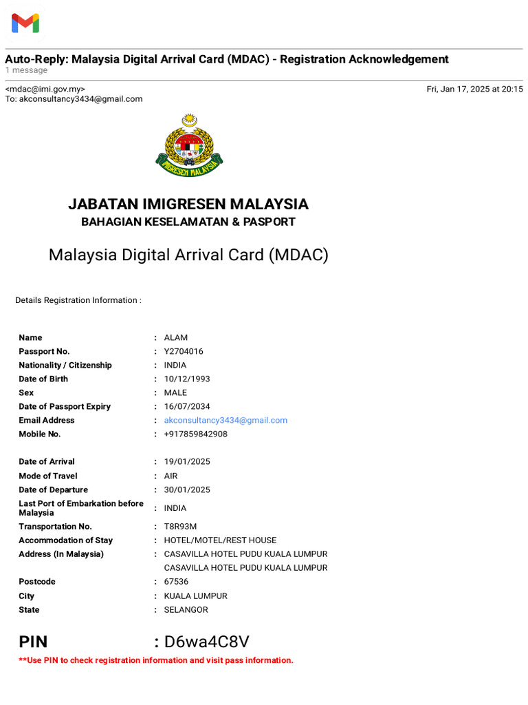 Malaysia Digital Arrival Card Acknowledgement | PDF