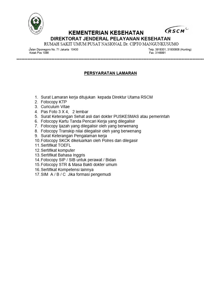 Persyaratan Lamaran RSCM Jakarta | PDF
