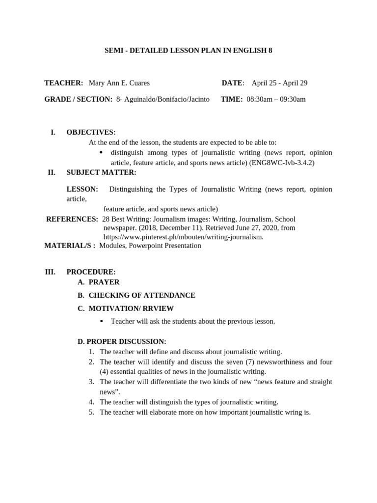 Lesson - Plan8 - APRIL 25-APRIL29 | PDF | News | Teachers