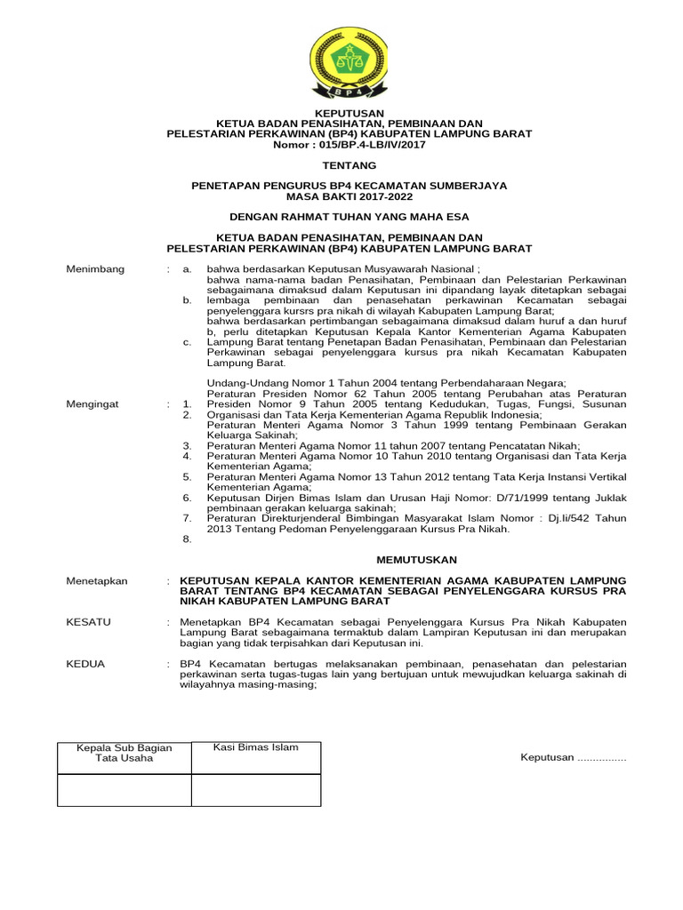 Penetapan Pengurus BP4 Sumberjaya | PDF