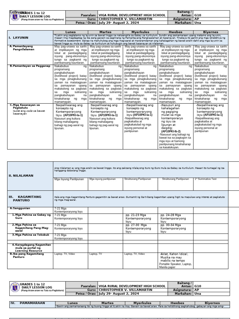 DLL - Ap 10 Week 1. 1st Q | PDF