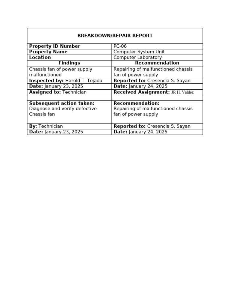 Computer System Unit Repair Report | PDF