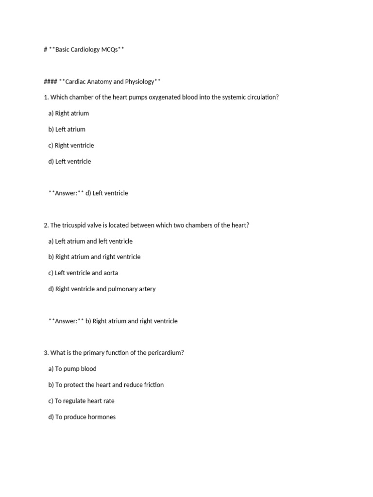 Basic Cardiology MCQs for Students | PDF | Heart Valve | Heart