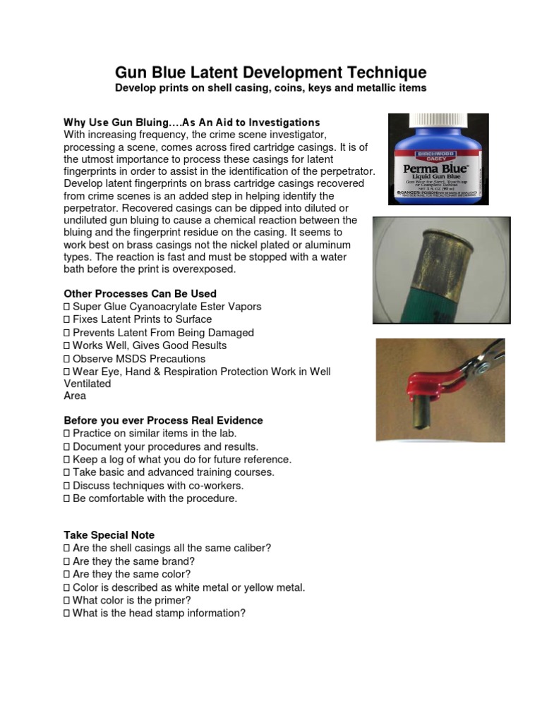 Gun Blue Latent Development Technique Cartridge (Firearms) Fingerprint