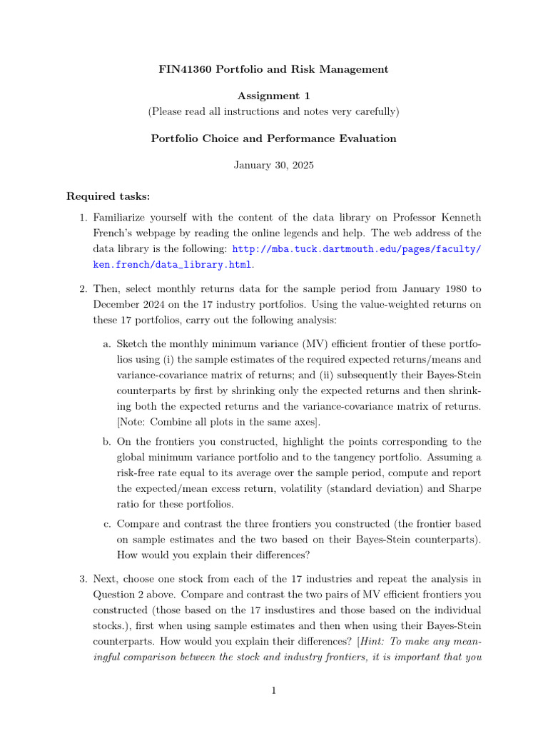 FIN41360 Assignment 1 - Portfolio Choice & Performance Evaluation | PDF ...