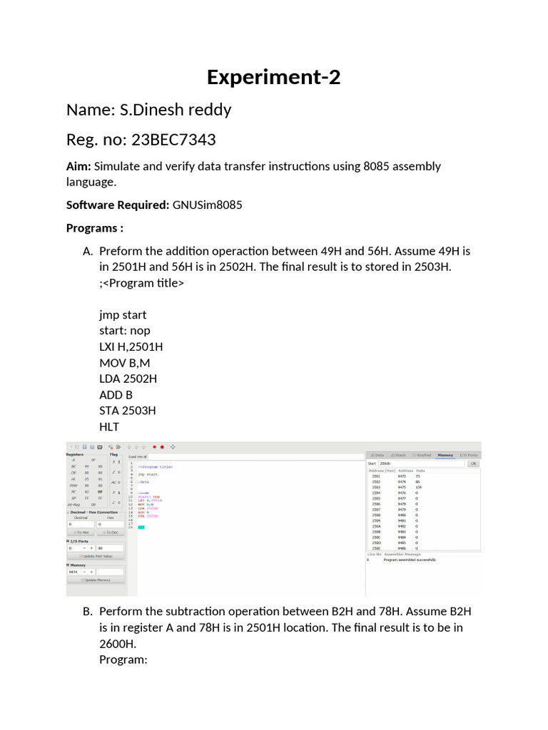 8085 Assembly Language Data Transfer Simulation | PDF