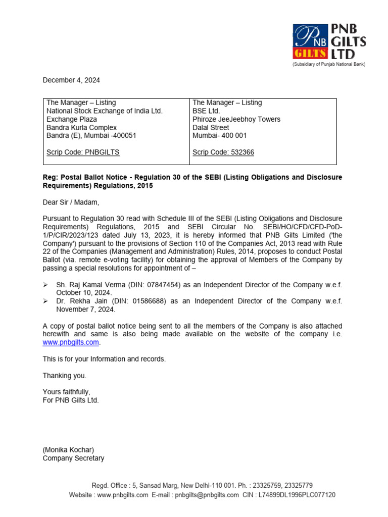 PNB Gilts Postal Ballot Notice 2024 | PDF | Login | Electronic Voting