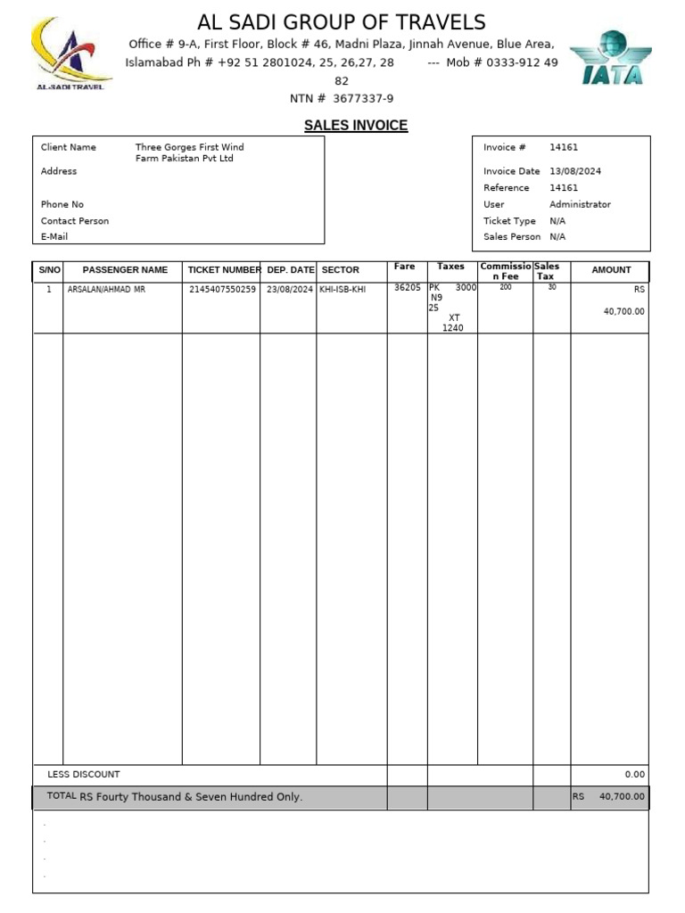 Travel Invoice for Three Gorges Pakistan | PDF