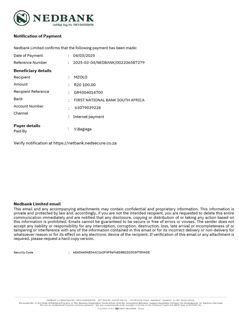 Nedbank Payment Notification Details | PDF