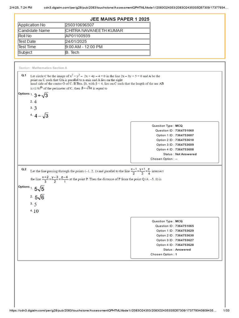 JEE Mains 2025 Mathematics Assessment | PDF | Multiple Choice | Methodology