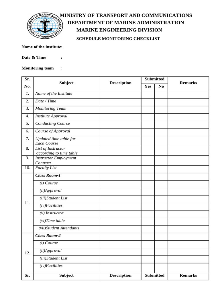 Marine Engineering Course Monitoring Checklist | PDF