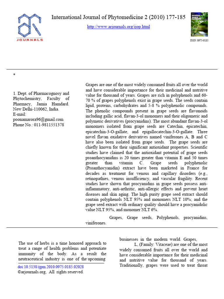 Bio-Functional Benefits of Grape Seeds | PDF | Phenolic Content In Wine ...
