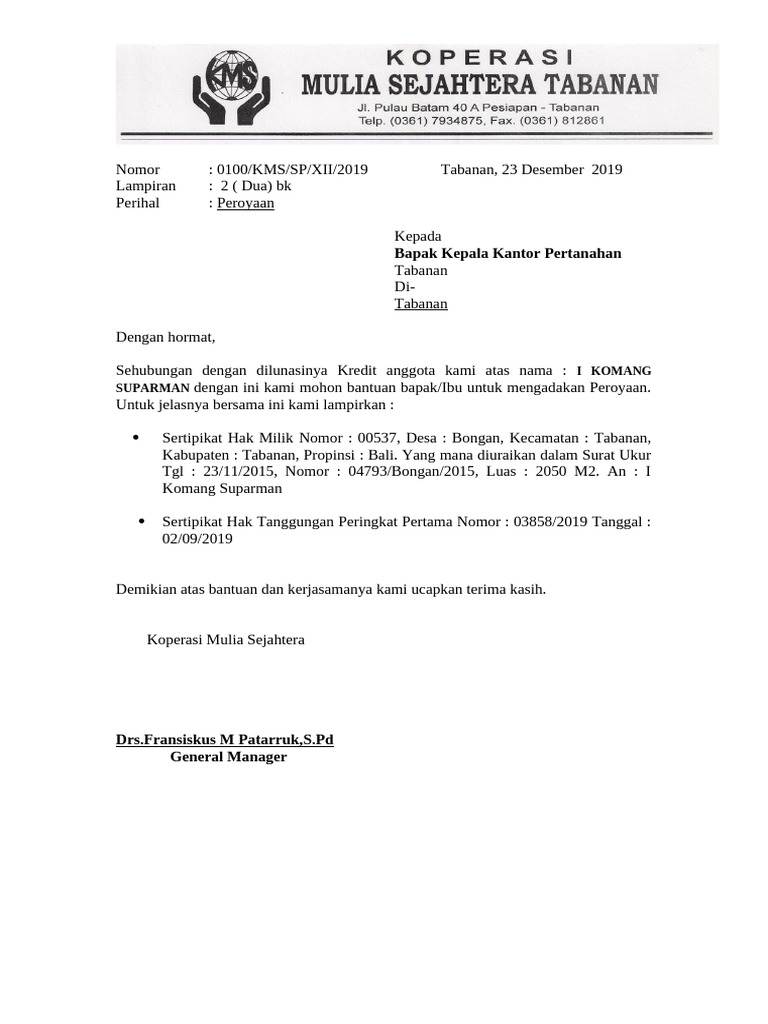 Permohonan Peroyaan Sertifikat Tabanan | PDF
