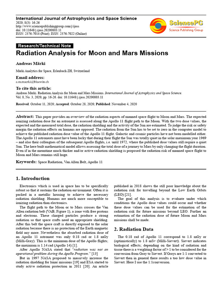 Radiation Analysis For Moon and Mars Missions | PDF | Van Allen ...
