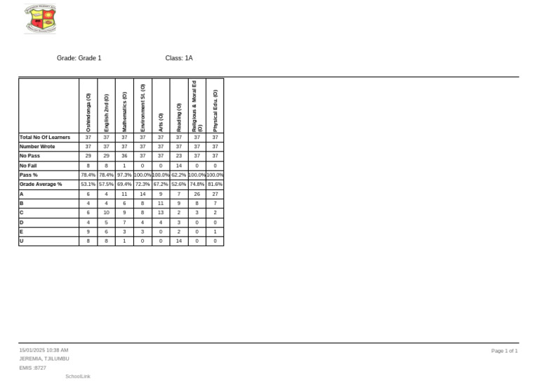 Grade 1 Class Performance Report | PDF