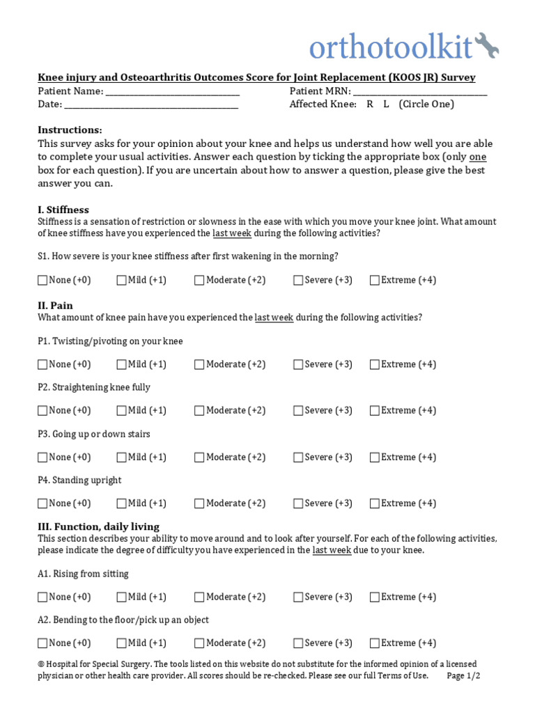 KOOS JR Survey for Knee Assessment | PDF | Medicine | Diseases And ...