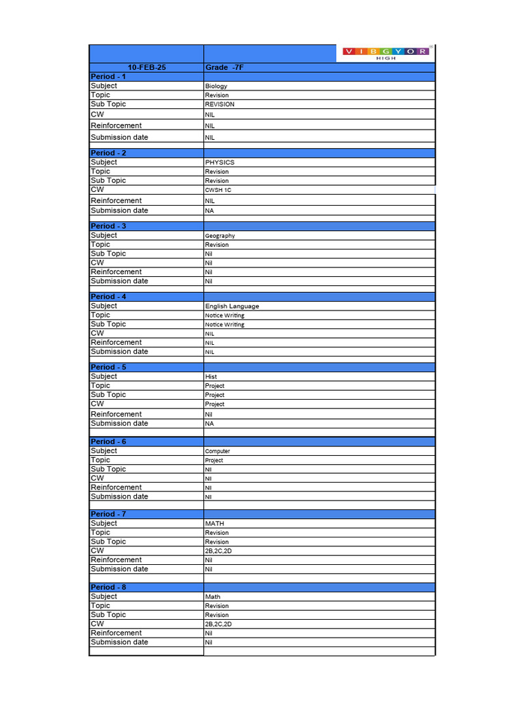 Grade 7 Revision and Projects Schedule | PDF