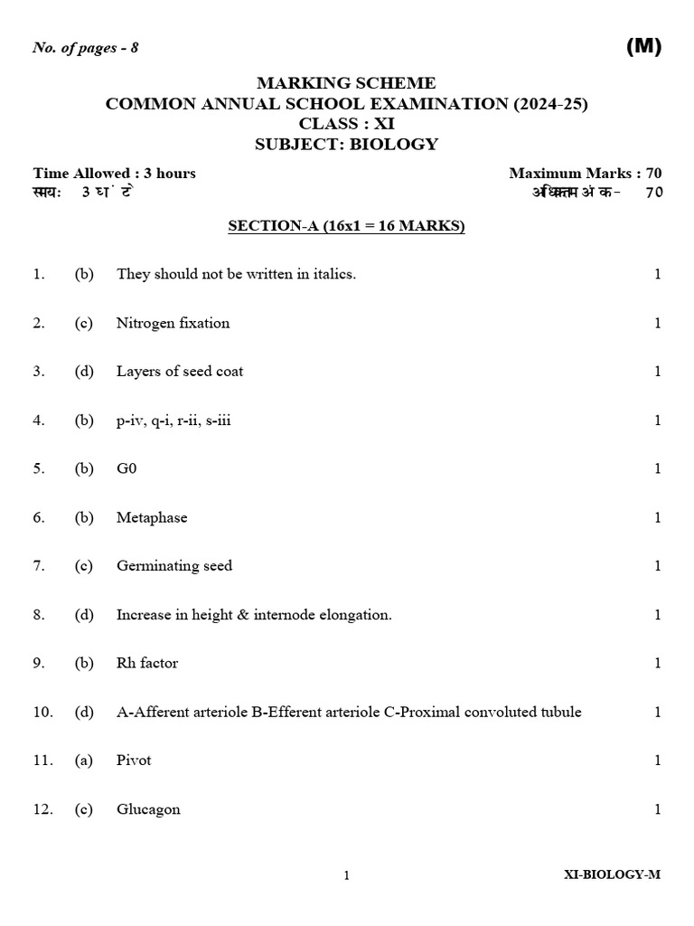 XI Biology Marking Scheme 2024-25 | PDF | Meiosis | Ploidy