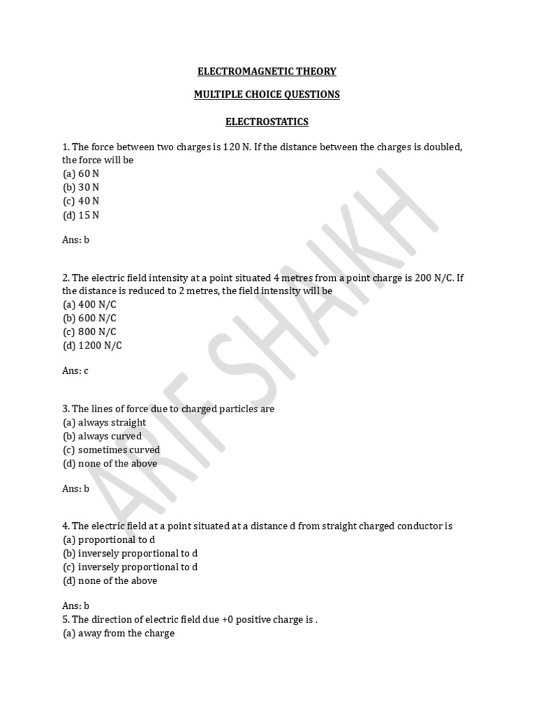 Electromagnetic Theory MCQs on Electrostatics | PDF | Capacitor ...