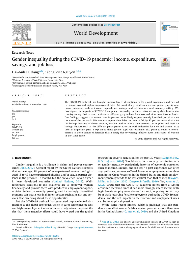 Gender Inequality During The COVID-19 Pandemic Income, Expenditure ...