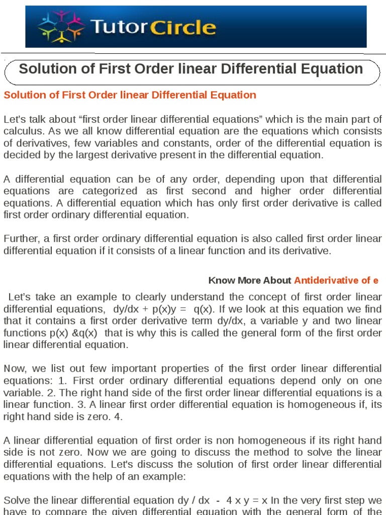 Solution of First Order Linear Differential Equation | Equations ...