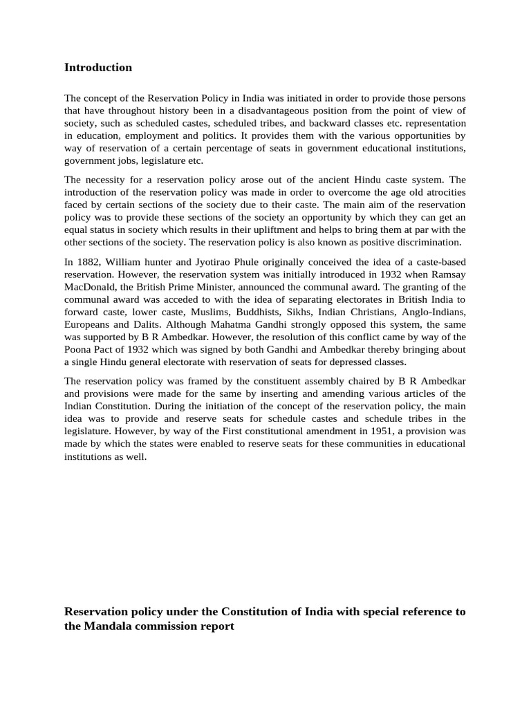 Mandal Commission and Reservation Policy | PDF | Government ...