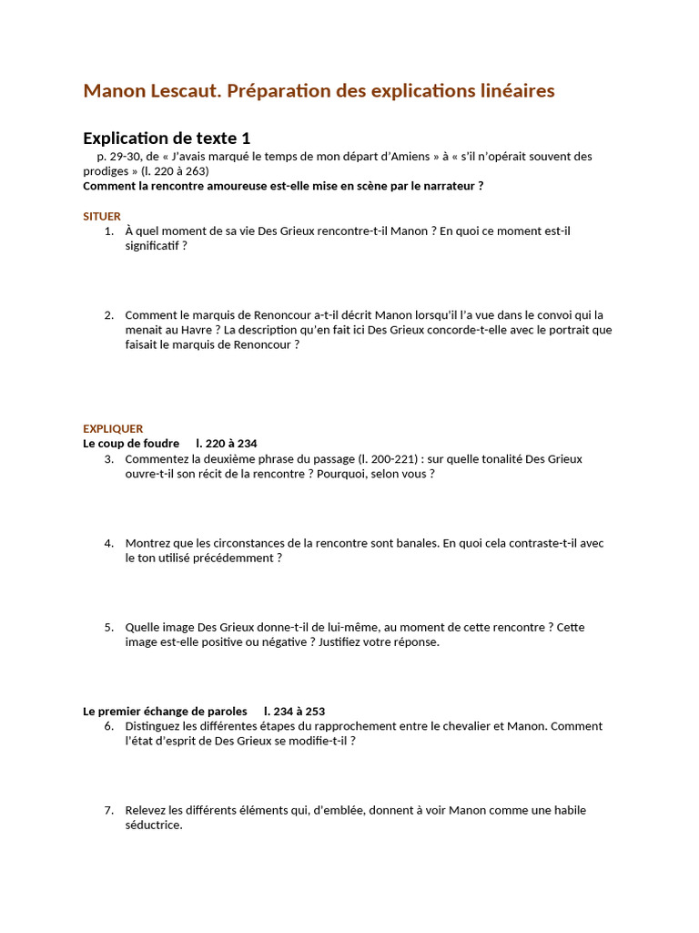 Analyse de la rencontre dans Manon Lescaut | PDF