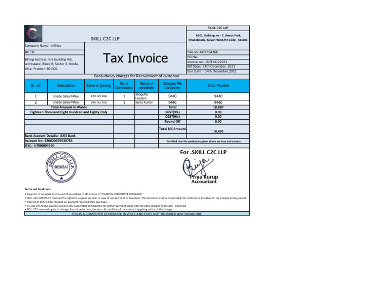 Machine Invoice for Recruitment Services | PDF | Cheque | Payments