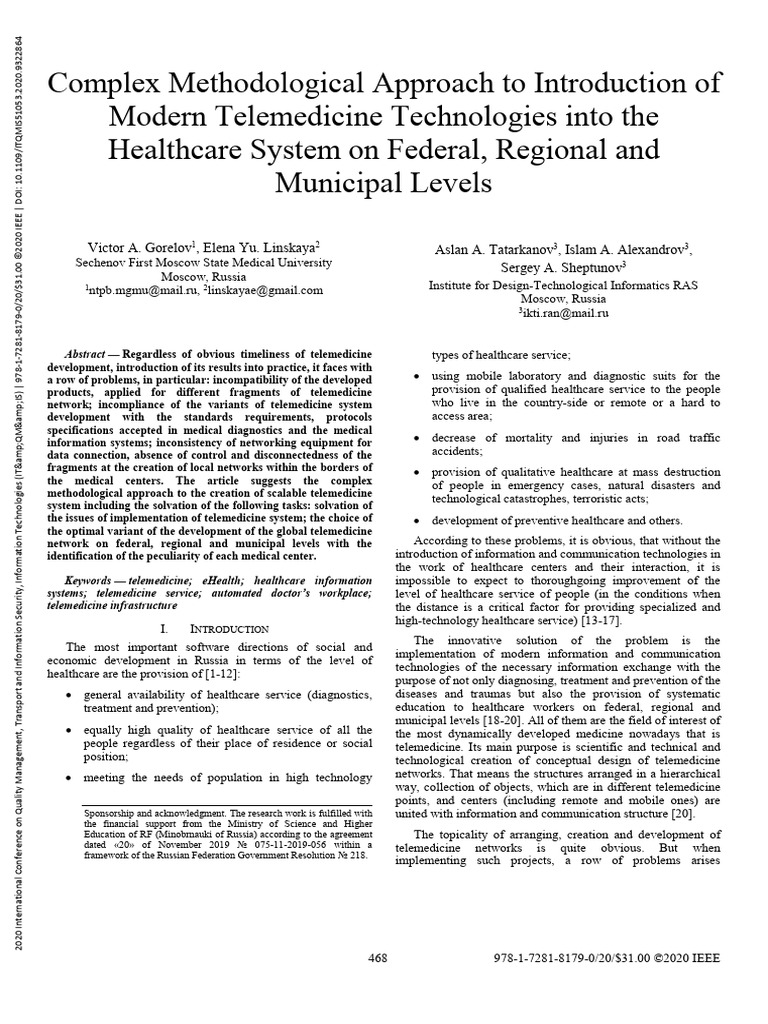 Complex Methodological Approach To Introduction of Modern Telemedicine ...