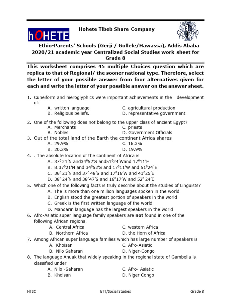 Grade 8 Social Studies Worksheet | PDF | Africa