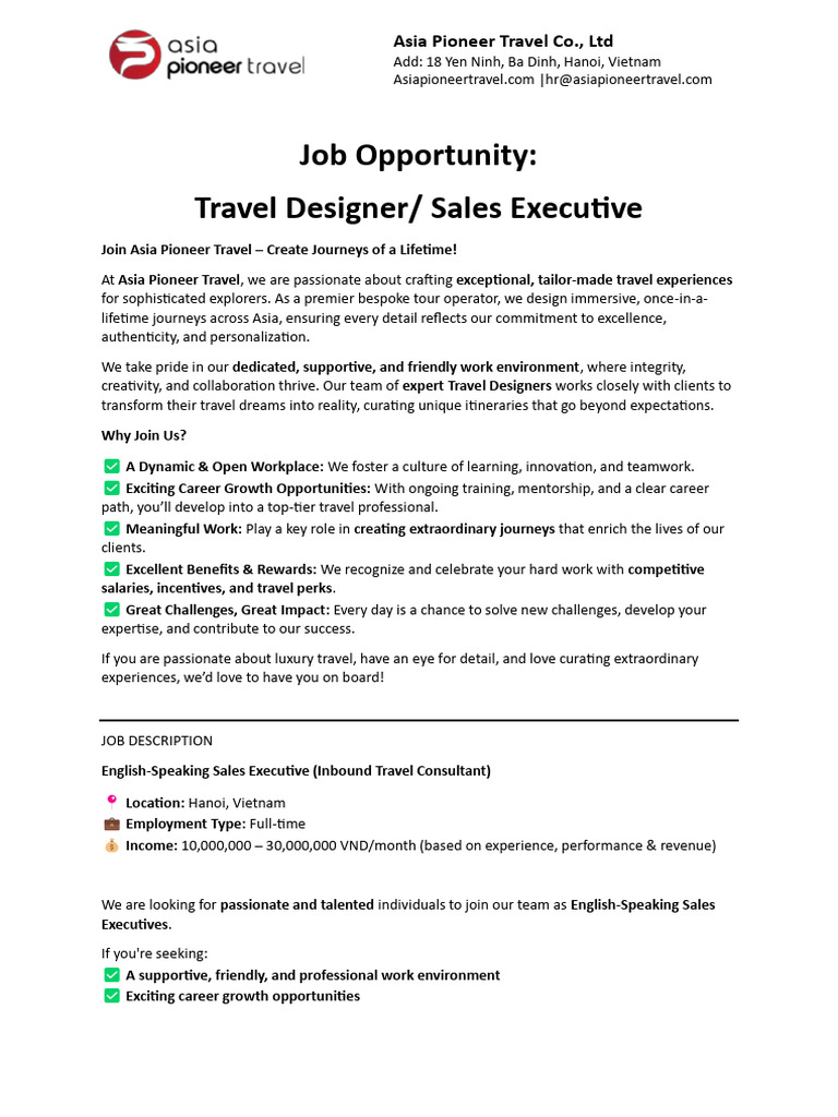 JD - Inbound Sales Executive - Travel Designer 2025 | PDF | Business ...