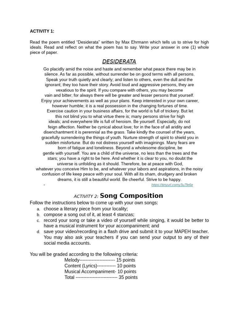 ACTIVITY 1 grade 10 | PDF | Songs