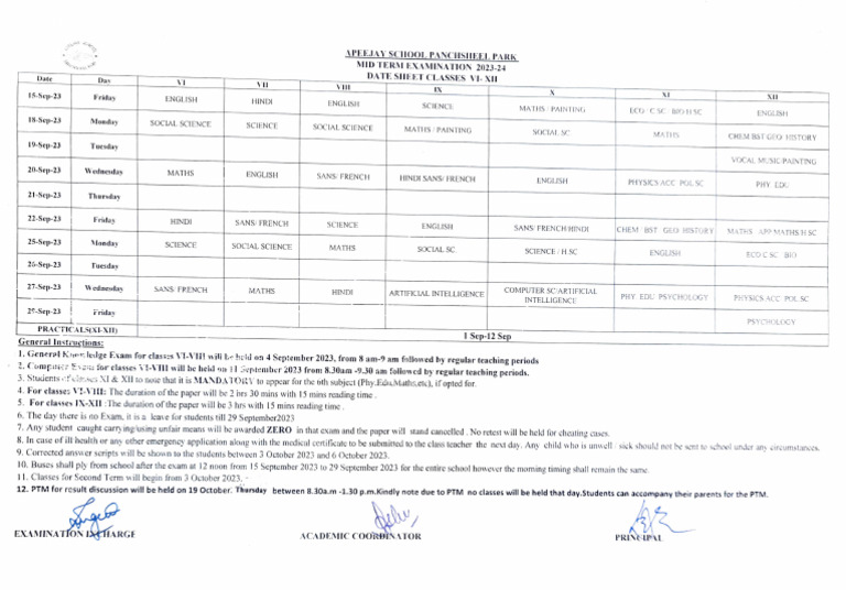Mid Term Datesheet (2023-24) | PDF | Qualifications