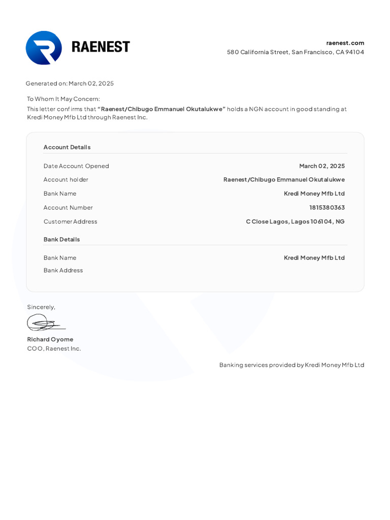 Raenest Account Confirmation Letter | PDF