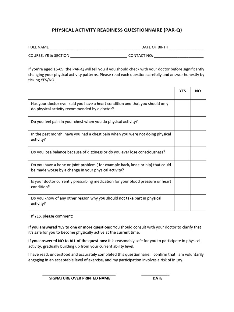 PAR-Q Physical Activity Readiness Form | PDF