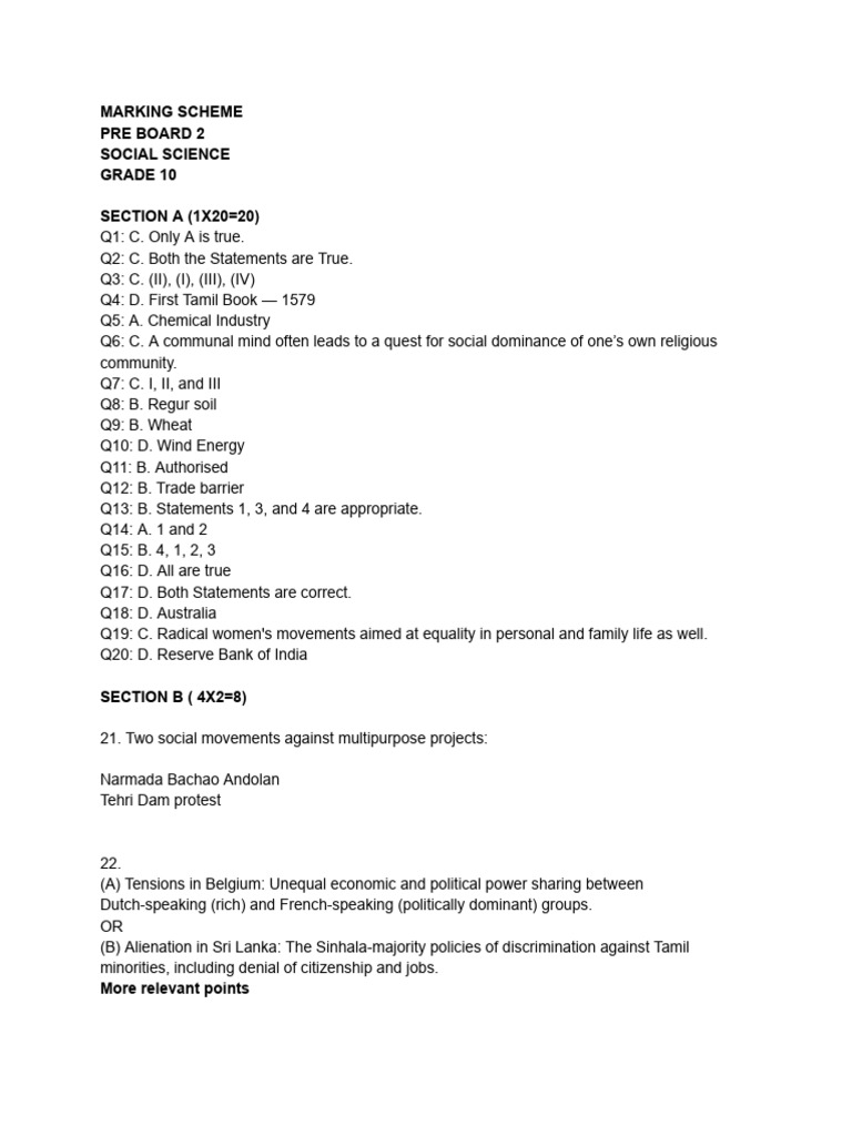 Grade 10 Social Science Pre Board Marking Scheme | PDF | Agriculture ...