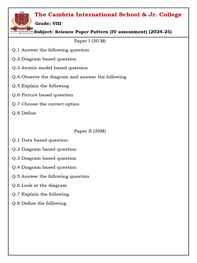 Science Psper Pattern 4 Assessment 2024-25 Grade 8 | PDF