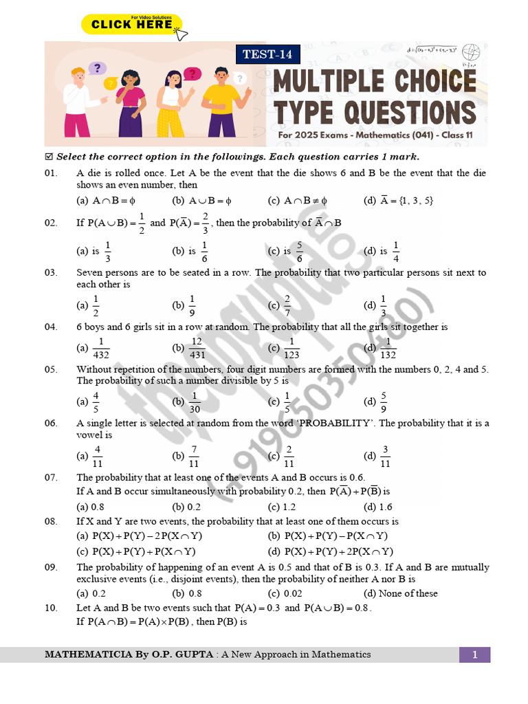 Class XI Probability MCQs with Answers | PDF | Probability | Multiple ...