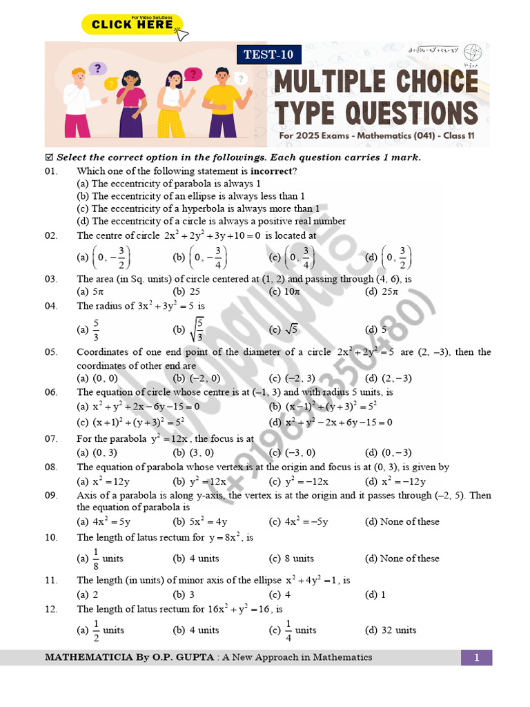 Class 11 Conic Sections MCQs | PDF | Analytic Geometry | Euclidean ...