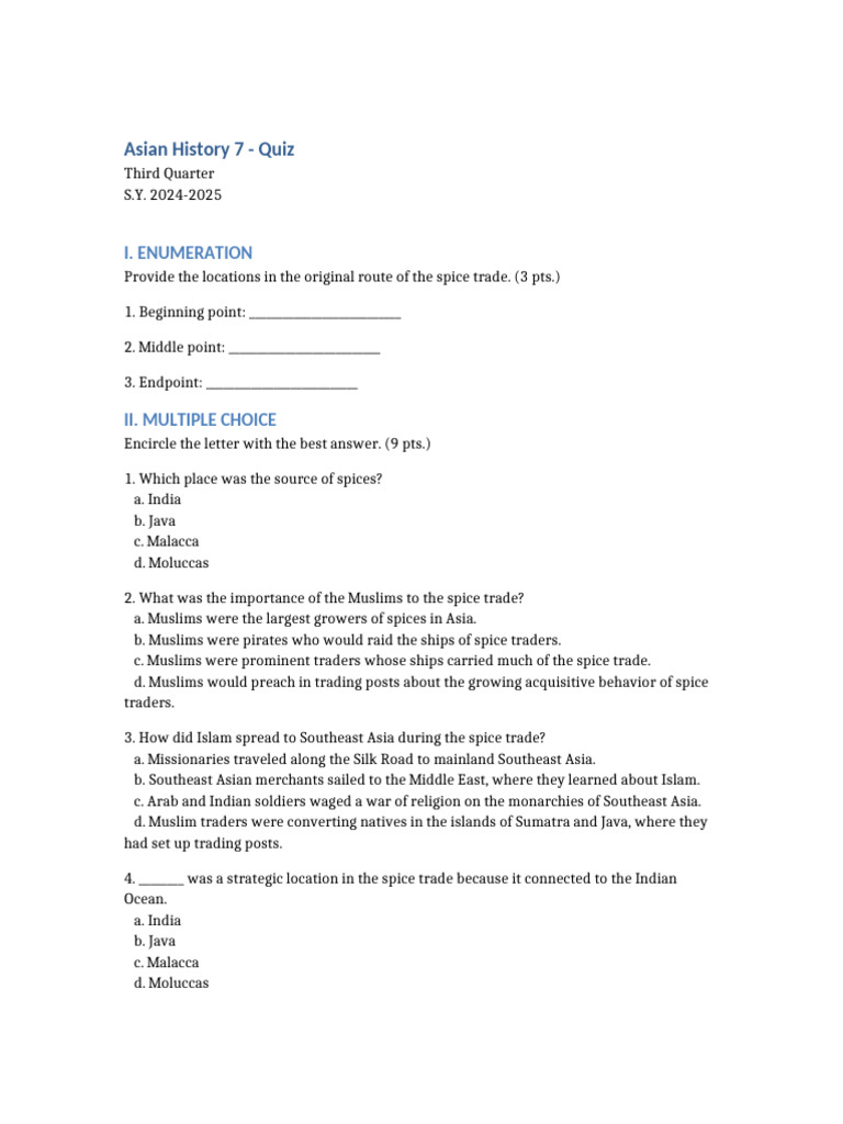 Spice Trade Quiz for Asian History | PDF