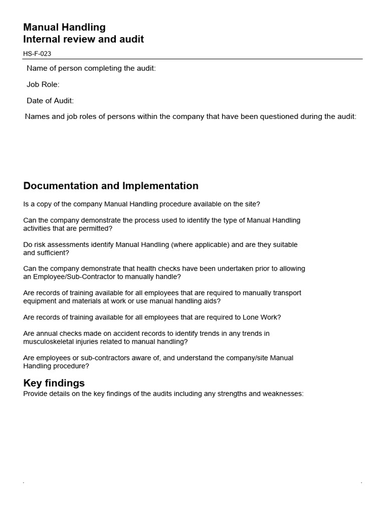 AUDIT HS-F-023 Manual Handling Internal Review and Audit | PDF