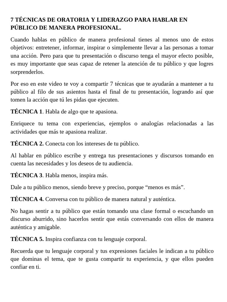 7 Técnicas de Oratoria y Liderazgo para Hablar en Público de Manera ...