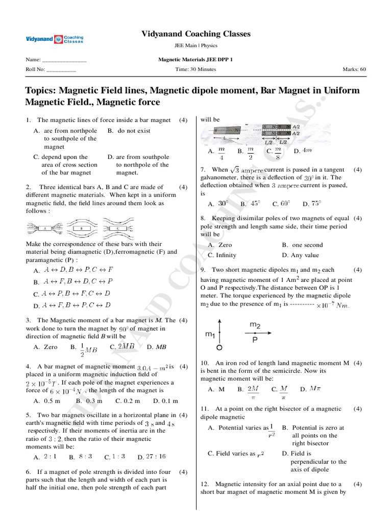 Magnetic Materials JEE DPP 1 | PDF | Magnetism | Magnet