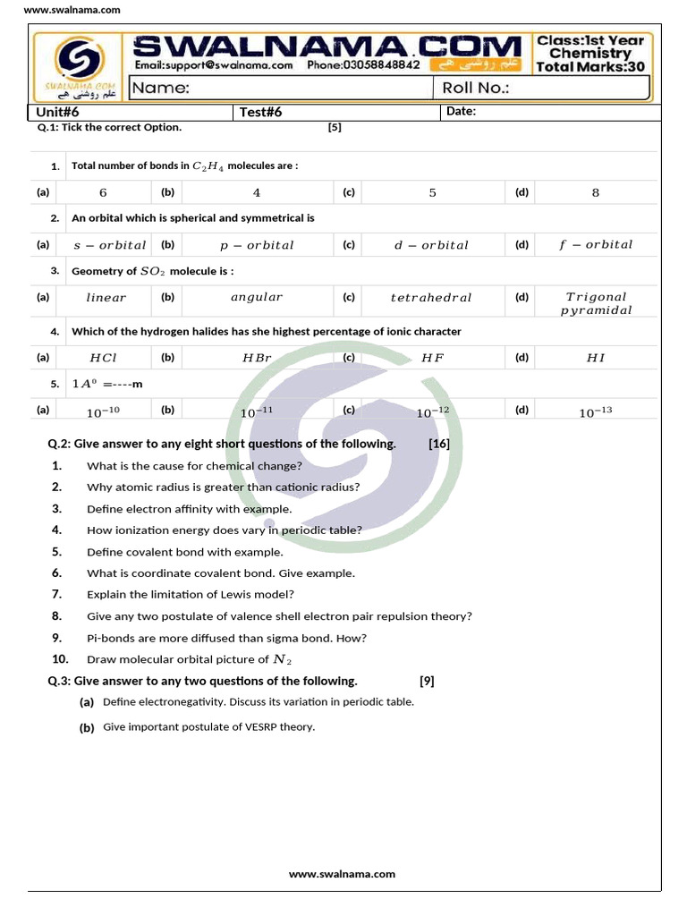 T6 Chapter Wise Test Chemistry Chapter 6 1st Year | PDF
