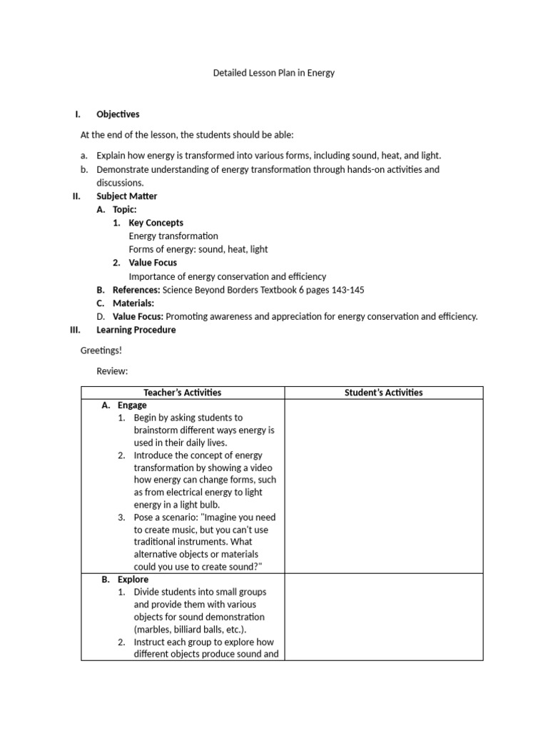 Energy Transformation Lesson Plan | PDF | Lesson Plan | Heat