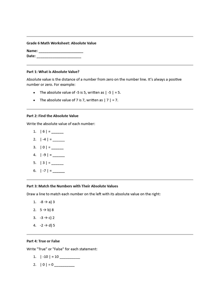 Grade 6 Absolute Value Worksheet | PDF | Multiplication | Numbers