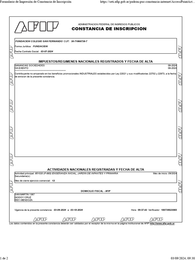 Constancia de Inscripción AFIP 2024 | PDF | Finanzas del gobierno ...